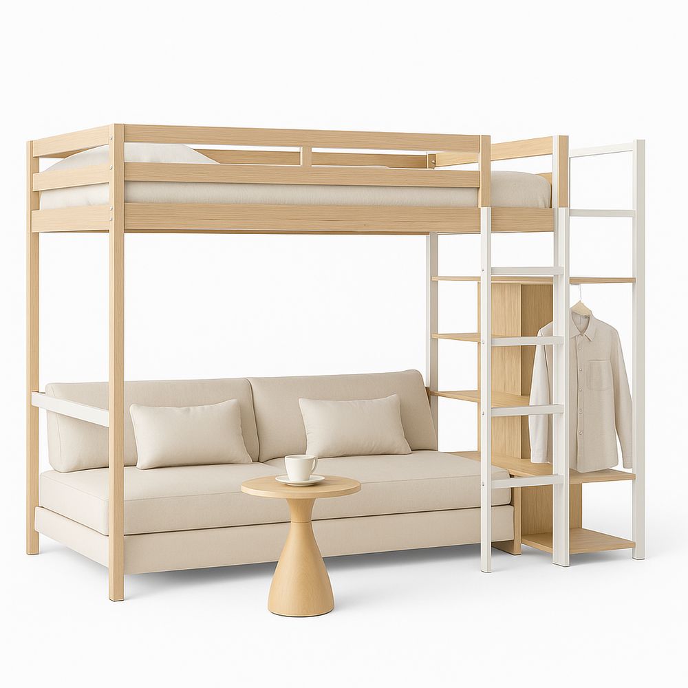 Cama alta funcional con sofá y estantería integrada de madera clara estilo moderno