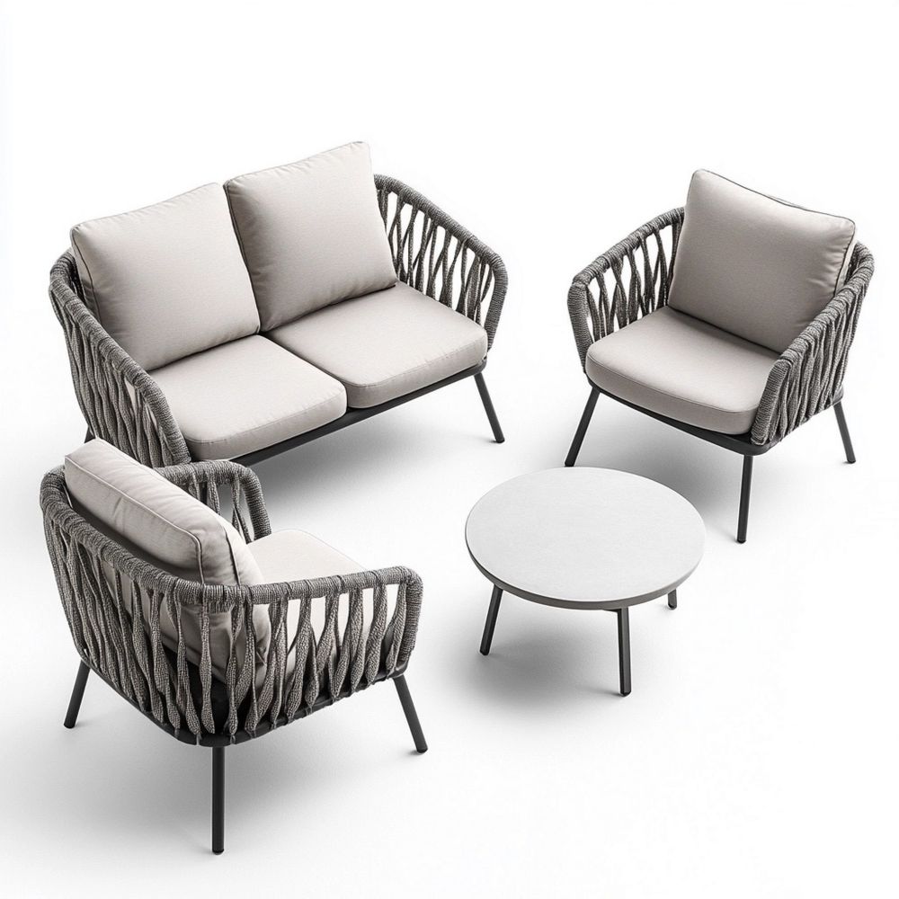 Conjunto de Muebles de Patio Sofá y Sillón de Cuerda y Metal para Exterior Gris Claro