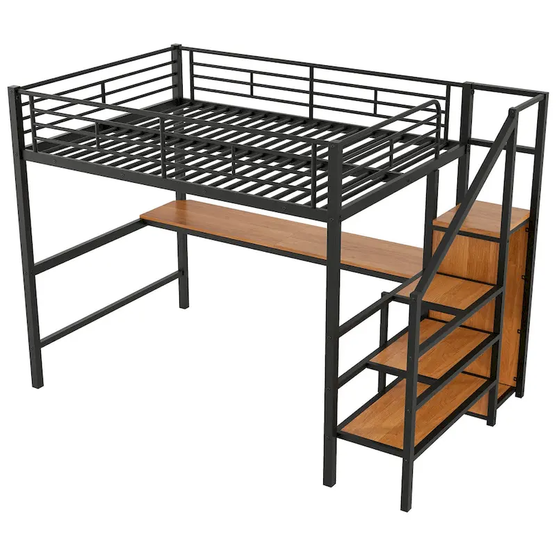 Complete Loft Bed Set with Desk, Storage Staircase, Compact Wardrobe, and LED Lighting