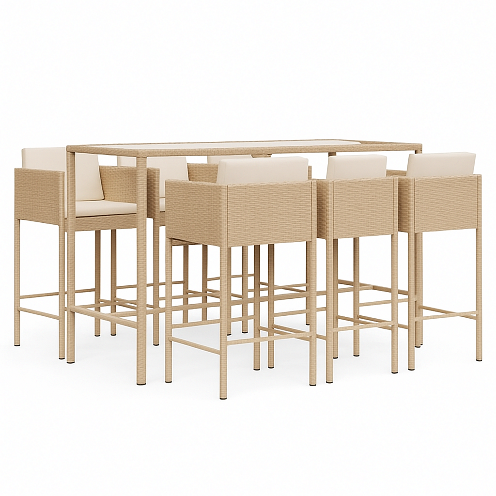 Barra de jardín con respaldo alto y seis sillas, color beige claro.