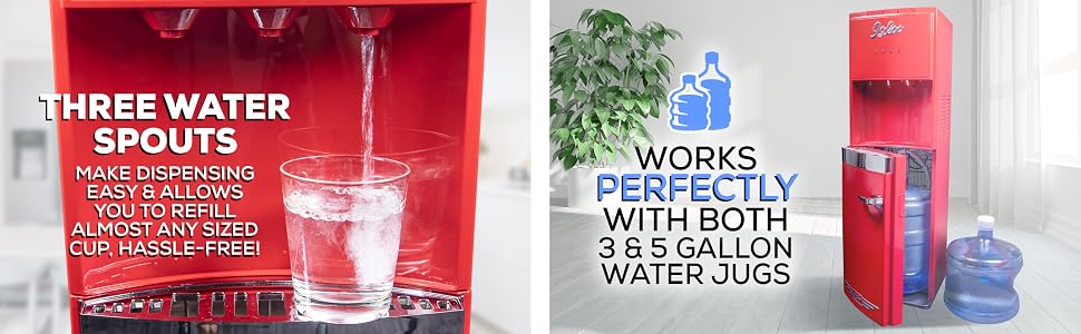 Three water spouts allows easy refill, works with 3 & 5 gallon water jugs