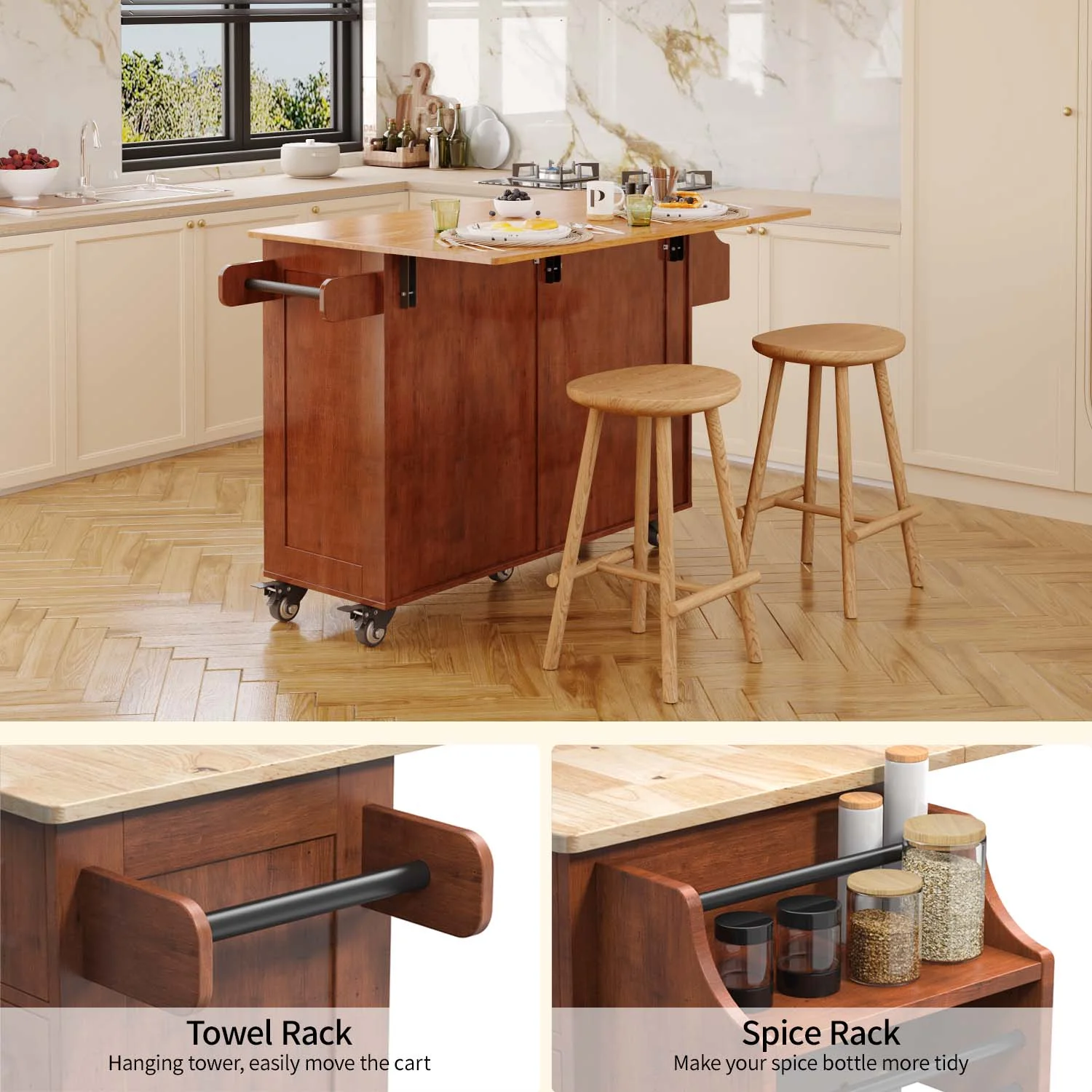 Lofka 52-Inch Kitchen Island with Storage on Wheels with Wood Drop Leaf, Ideal for Small Kitchens - Image 16