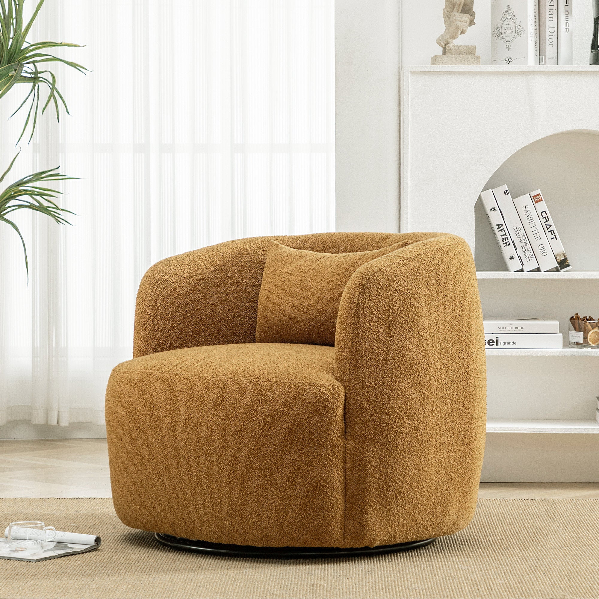 34" Wide Boucle Swivel Barrel Chair, No Assembly Round Upholstered Armchair Accent Chair Single Sofa Chair with Toss Pillow for Living Room and Bedroom, Taupe - Image 41