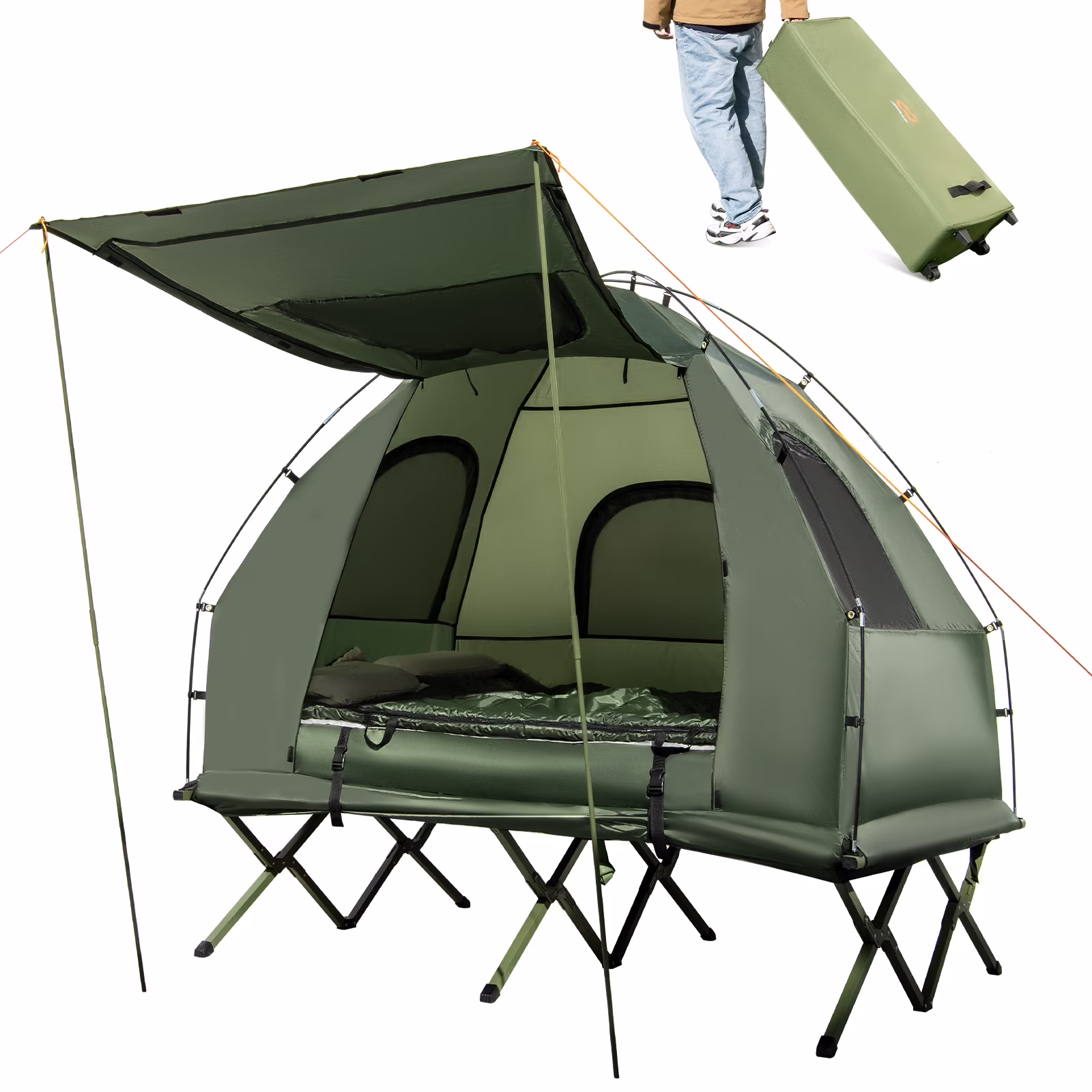 Gymax 2-Person Camping Tent Cot 5-in-1 Folding Camping Bed w/ Air Mattress Pillow Sleeping Bag