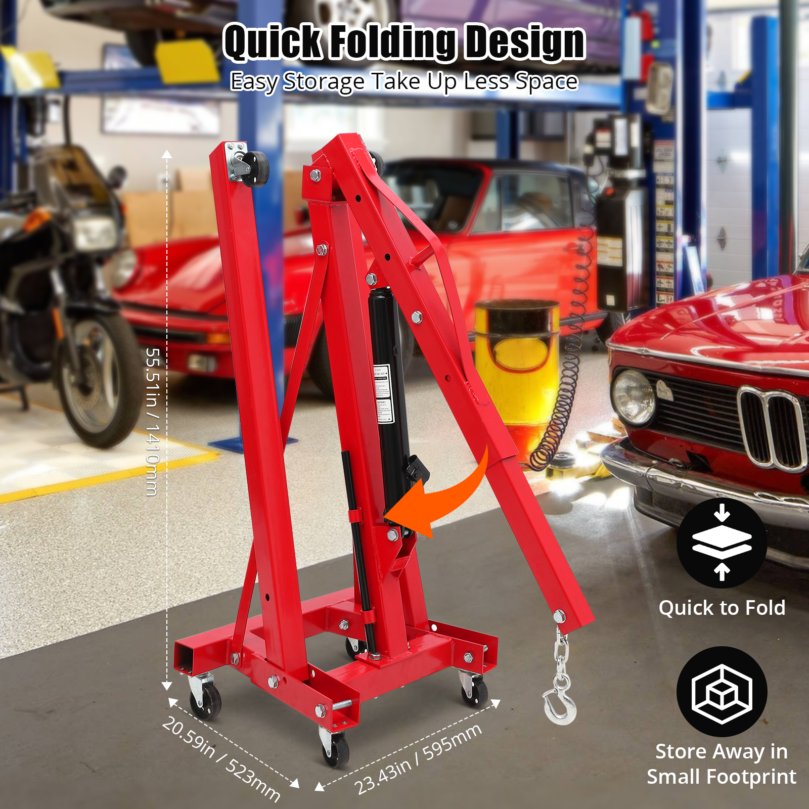 Ladcaser 2 Ton Engine Hoist, Folding Cherry Picker Engine Hoist with Lever and 6 Casters, 4400lbs Heavy Duty Hydraulic Shop Crane, Engine Crane Lifter for Workshops Garage Warehouse - Image 8