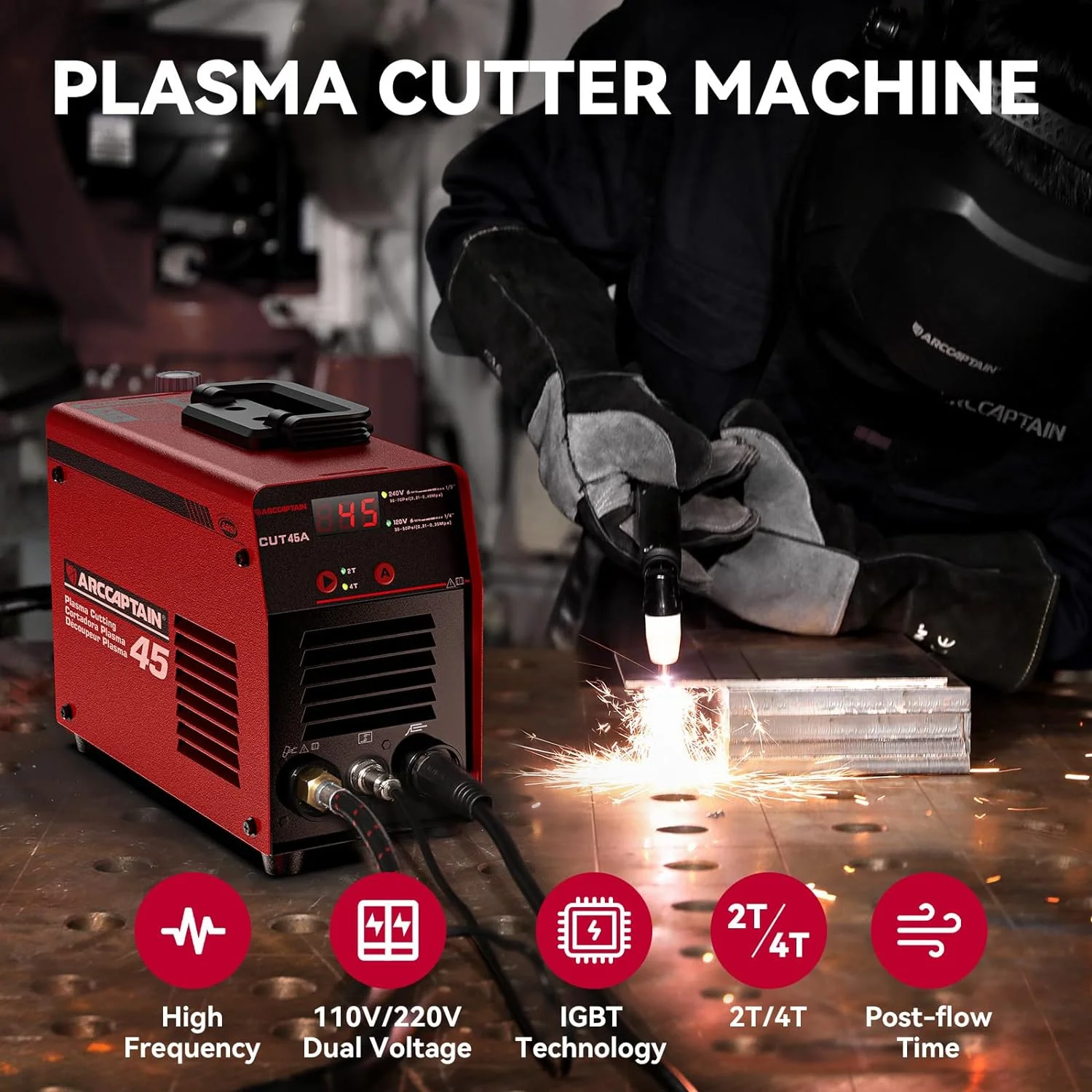 ARCCAPTAIN Plasma Cutter, 45Amp Cutter Machine, 110V/220V Dual Voltage Digital Display IGBT Inverter Plasma Cutting Machine with 2T/4T Function - Image 3