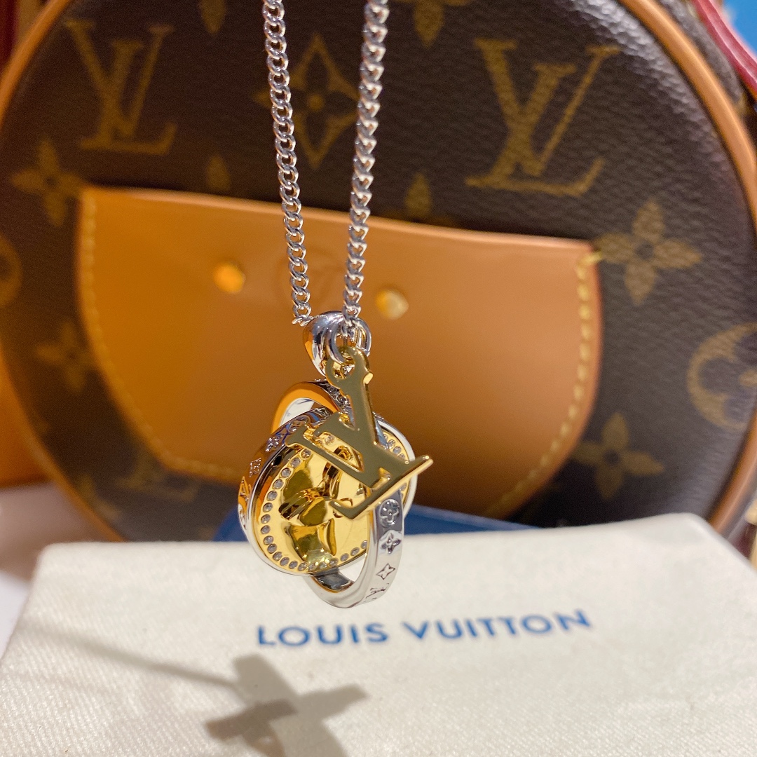 Louis Vuitton Two-Sided Silver Gold Round Rotating Pendant Necklace - Original Replica Club