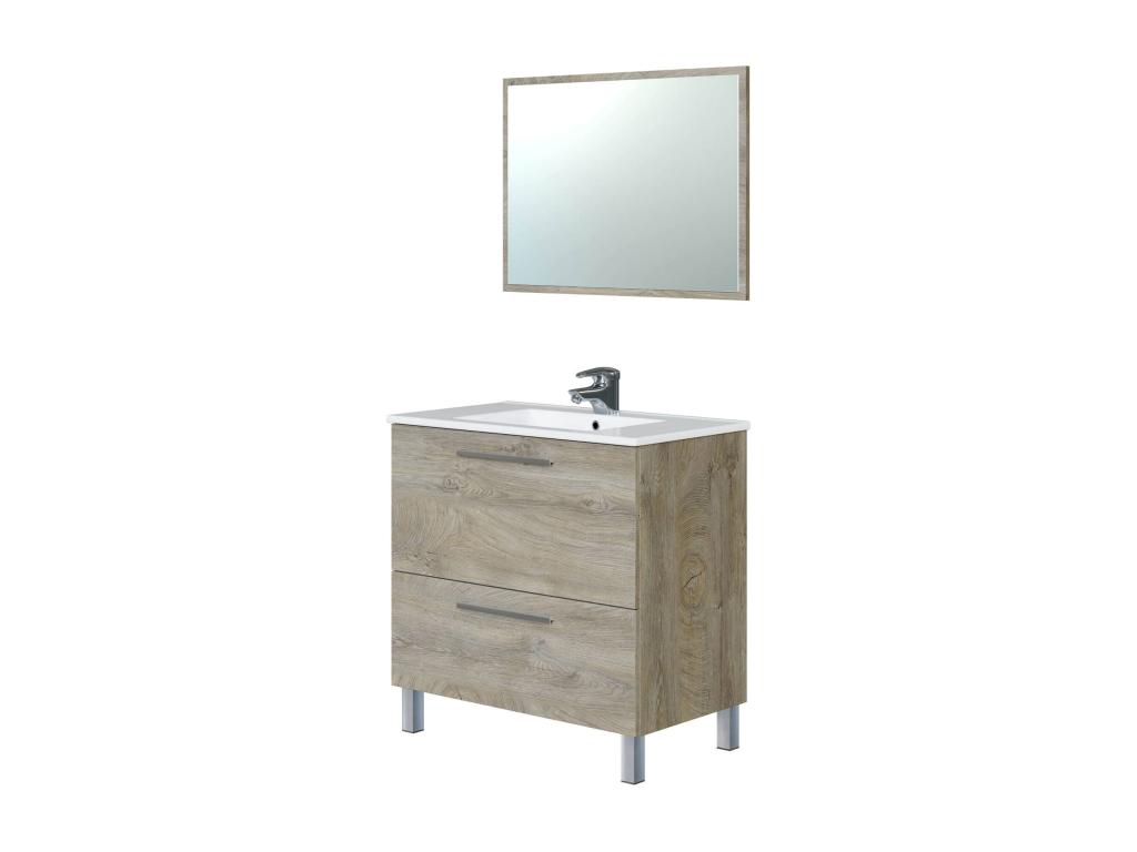 Mueble bajo lavabo Nestleano - Mueble de baño - Armario con 2 cajones y espejo - lavabo no incluido - 80x45h80 cm - Roble