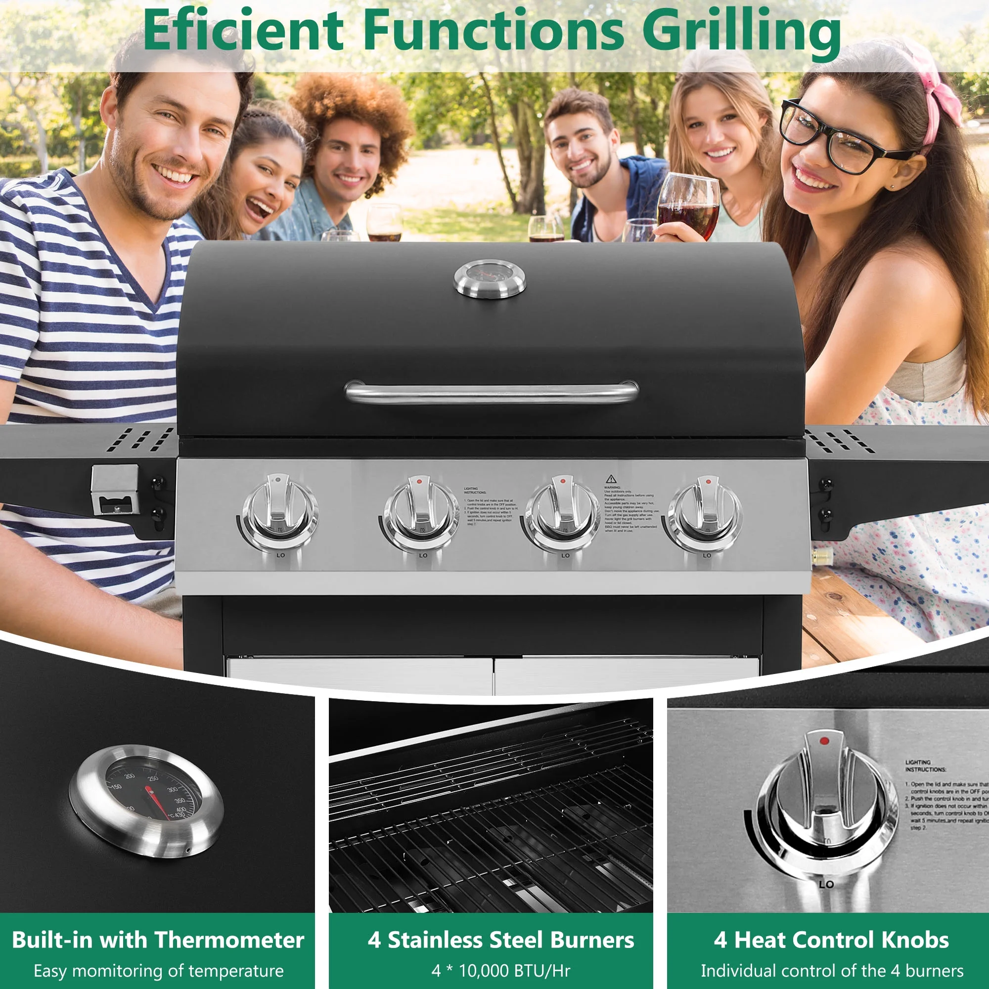 4-Burner Gas Grill with 4 Universal Wheels & Bottle Opener, 40000BTU Outdoor Grill with Side Table for Camping, Black & Sliver - Image 6
