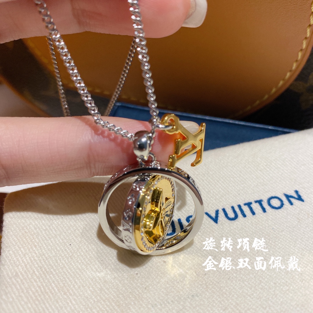 Louis Vuitton Two-Sided Silver Gold Round Rotating Pendant Necklace - Original Replica Club