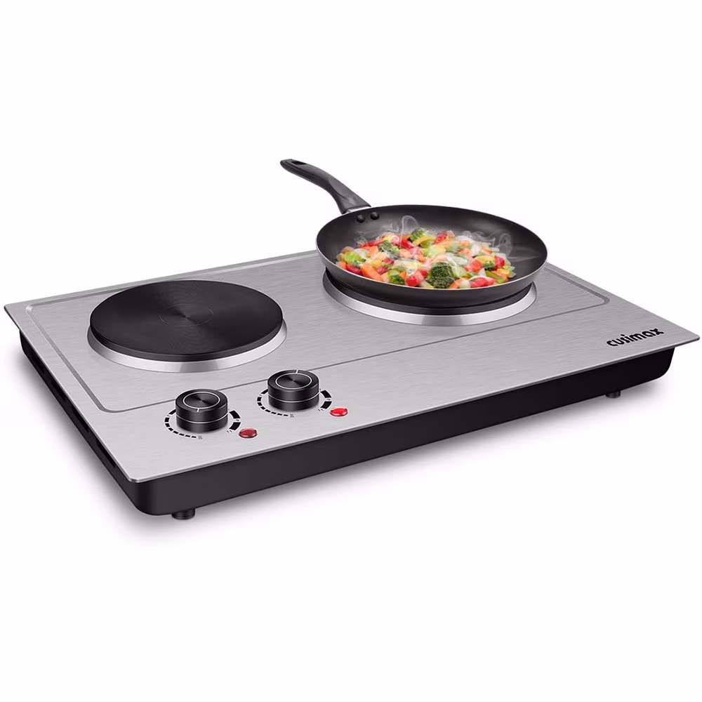 CUSIMAX 1800W Portable Double Burner Hot Plate �?Stainless Steel Countertop Electric Cooktop with Dual Cast Iron Heating Plates, Easy-to-Clean Silver Design, Upgraded Version