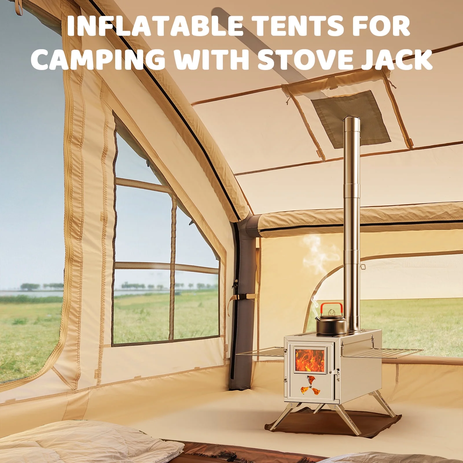 Lilypelle 4-6 Person Blow Up Inflatable Tent with Stove Jack, Hot Tent for Camping with Hand Pump, Waterproof Inflatable Camp Tent with Mesh Windows, Easy Setup Glamping Inflatable House - Image 4