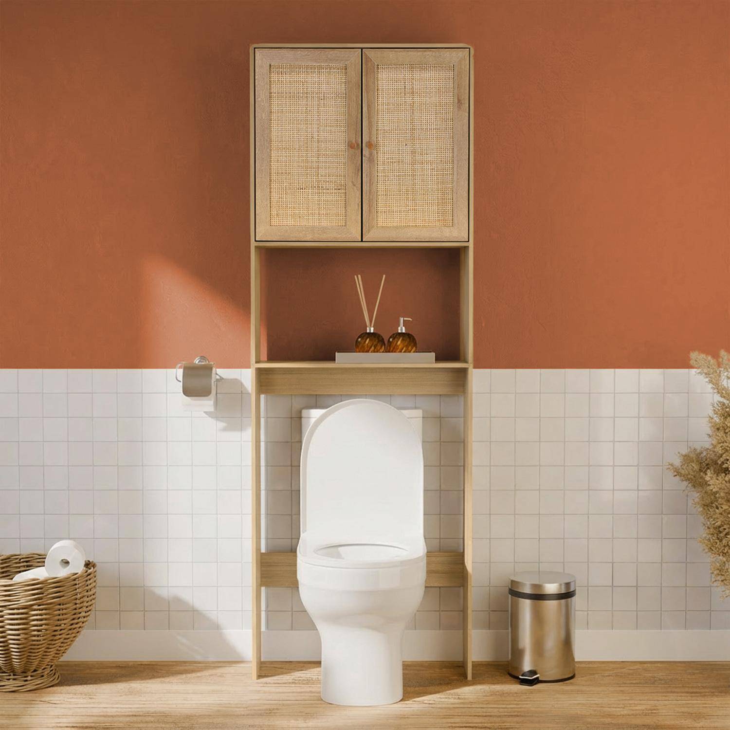 Boheme - Estante mueble de WC decorada en madera y caña