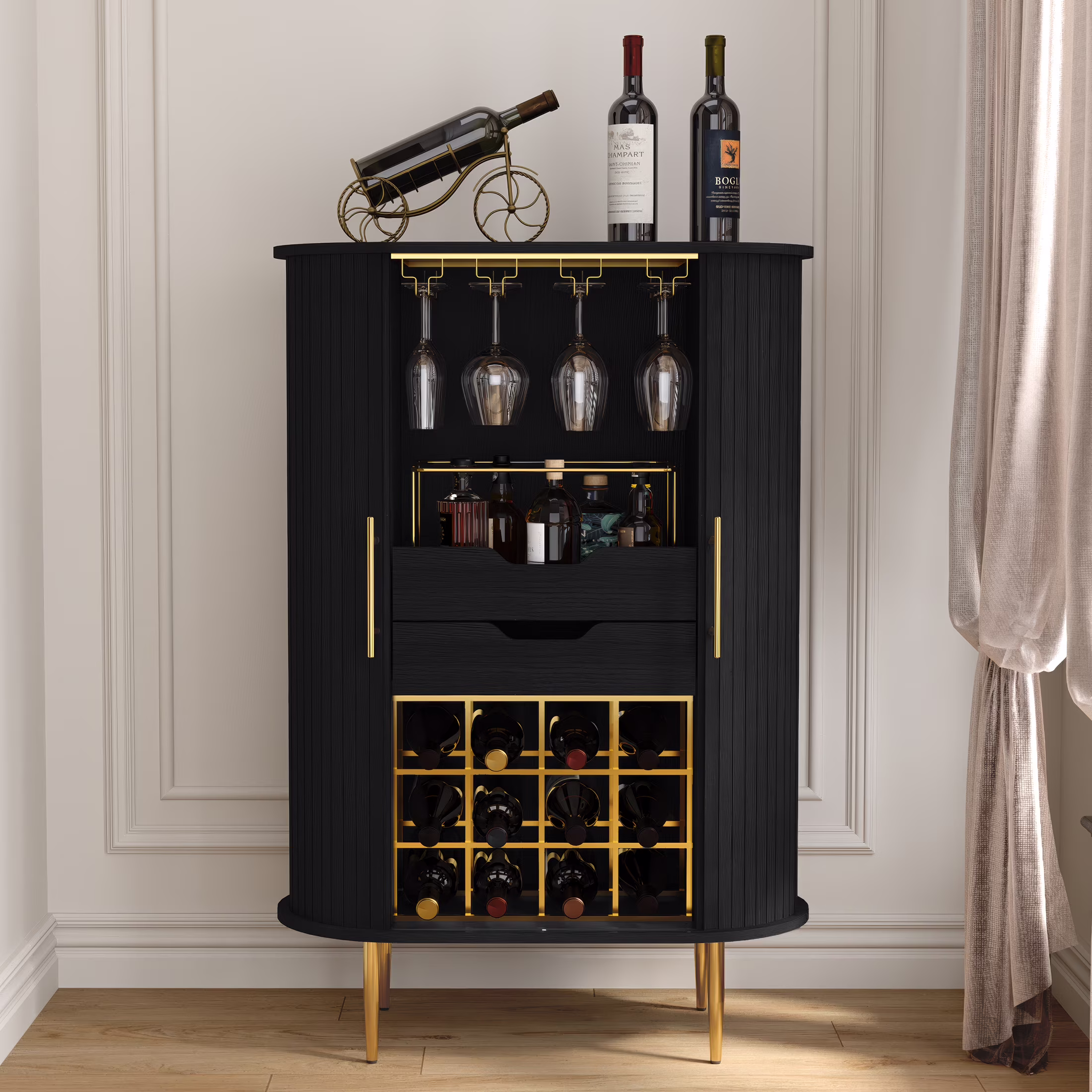 HLR Coffee Bar Cabinet with Tambour Door: Wine Rack, Glass Holder, & Storage Buffet for Home & Living Room Brown