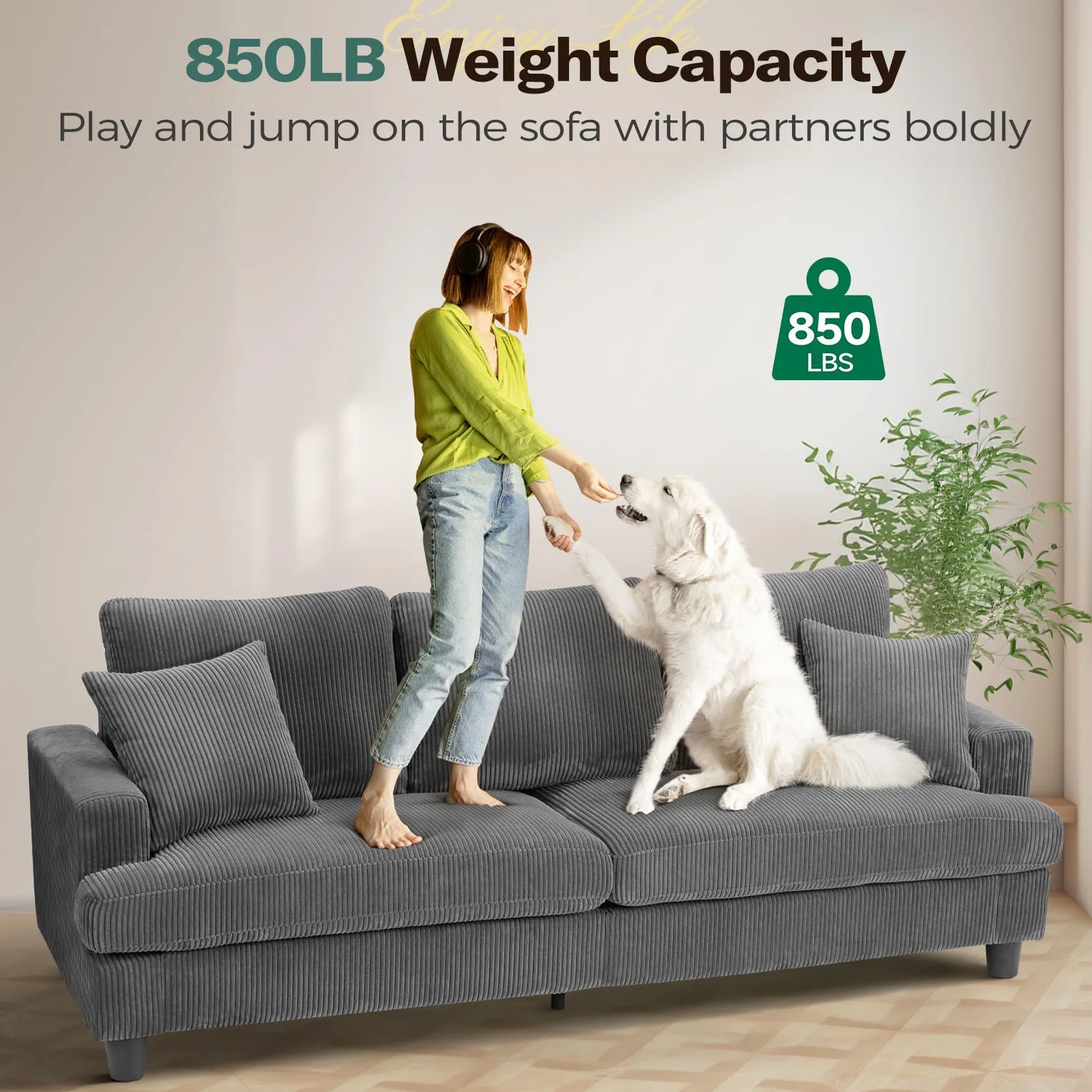 87" Corduroy Sofa,3 Seater Sofa with Extra Deep Seats,Neche Comfy Upholstered Couch for Living Room,2 Pillows,Green - Image 27
