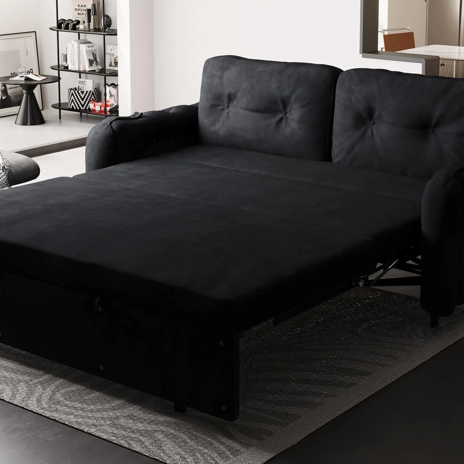 Tabaray 63.8" Futon Sofa Bed Queen Size, Pull Out Bed, 3-in-1 Convertible Sleeper Sofa with Side Pocket, Modern Plush Velvet Futon Couch for Living Room, Small Space, Apartment, Bedroom, Black - Image 72