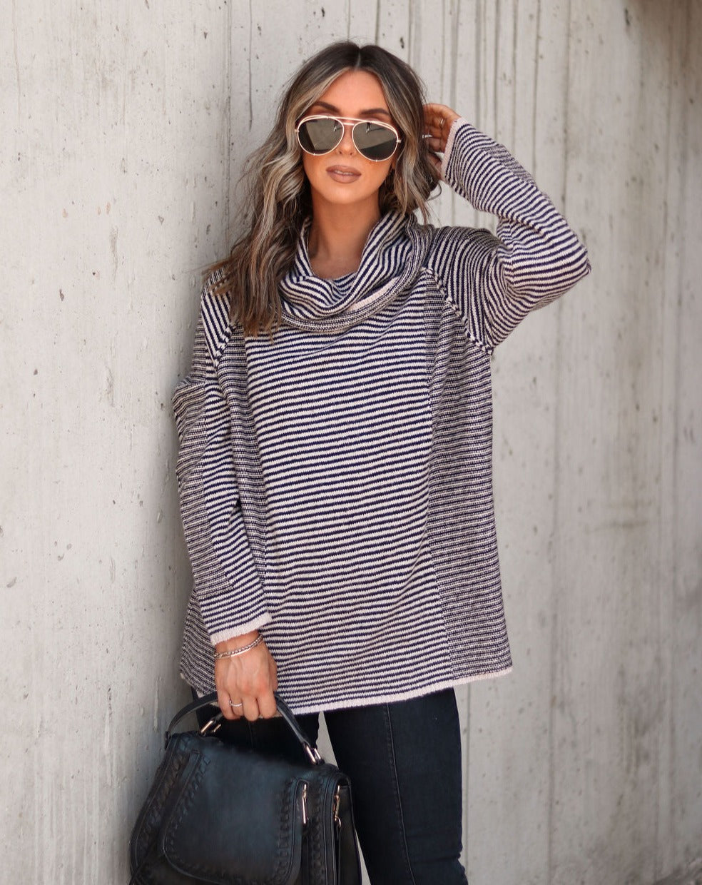 Theresa Striped Knit Cowl Neck Pullover Sweater - Se7enfashion