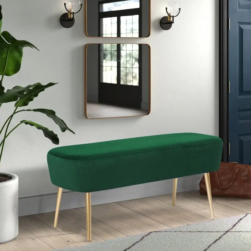 Adeco Velvet Footrest Bench with Metal Legs - Stylish Bed End Stool and Dressing Chair