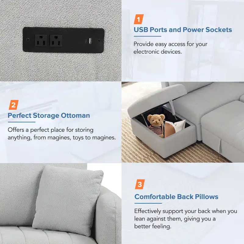 82.6" L-Shaped Sectional Sofa Bed with Pull-Out Feature, USB Ports, Power Sockets, and Movable Storage Ottoman - Bei