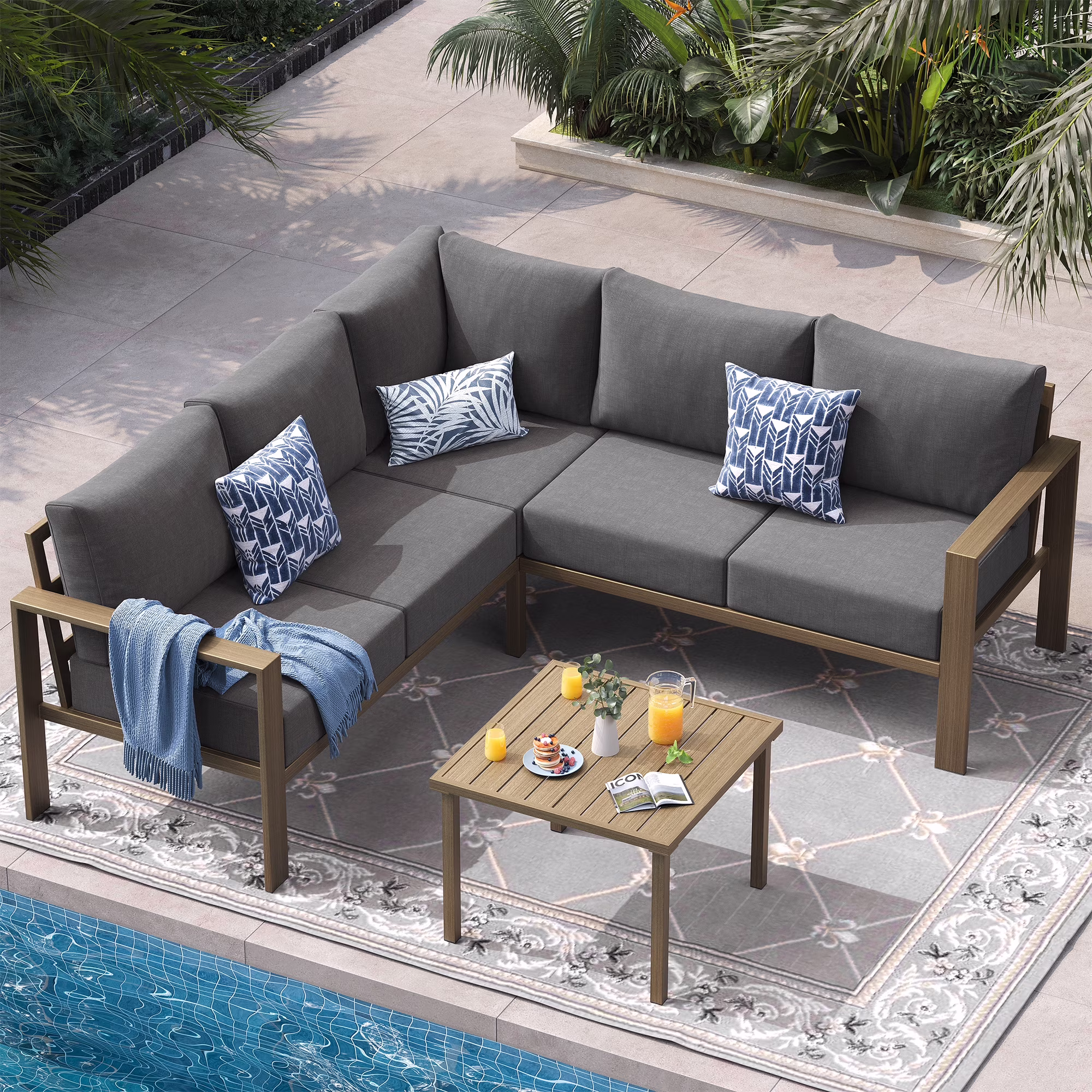 ELPOSUN 6 Pieces Patio Furniture Sets with 6" Thick Olefin Cushions, Metal Outdoor Sectional Furniture L Shape Patio Conversation Sets for Garden, Backyard Beige - Image 3