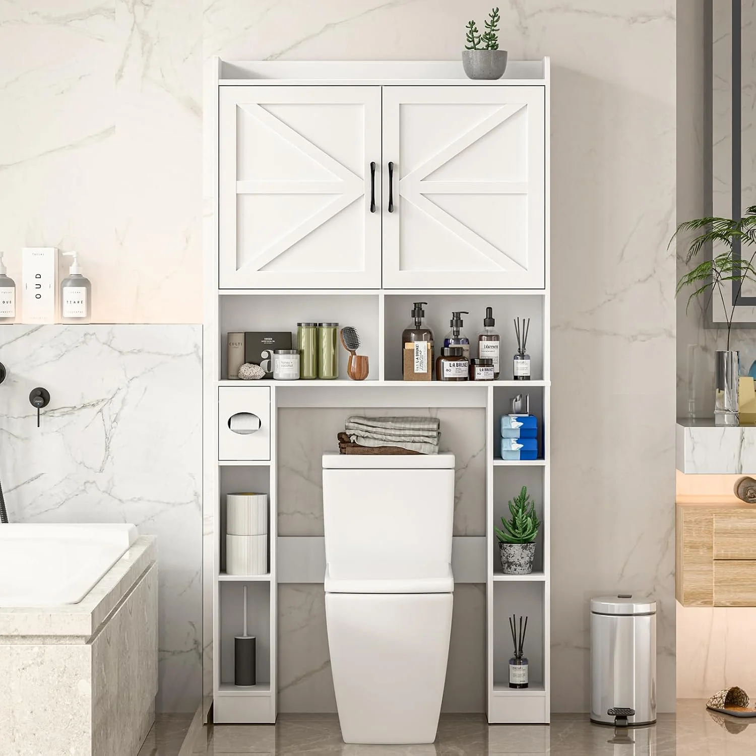 Vabches Over The Toilet Storage Cabinet with Toilet Paper Holder Stand, Above Toilet with Adjustable Shelf & 2 Doors - Image 6