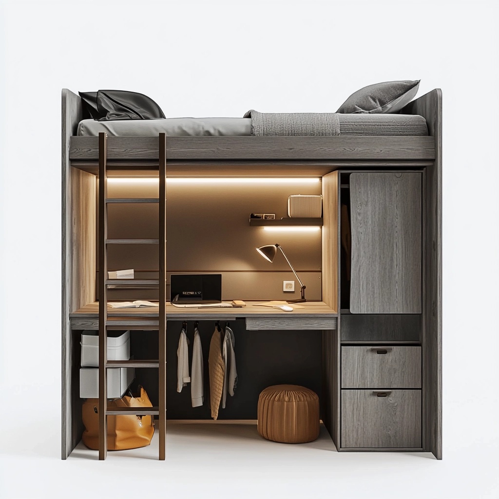Cama Loft 200x90 cm Madera Gris con Escritorio y Armario para Dormitorio Moderno