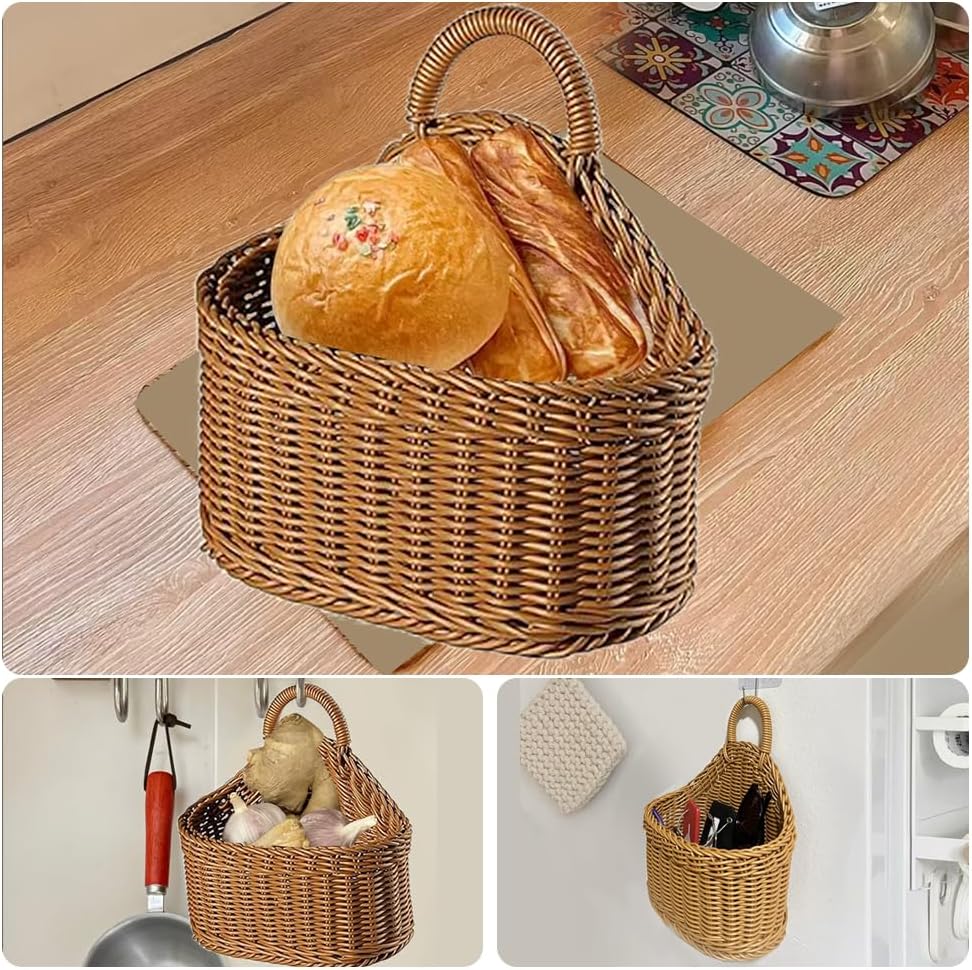 Japanese Rattan Style Storage Baskets, 2-Pack (Small & Large) Kitchen Organizer Hanging Baskets for Garlic, Onion, Fruits, Remote Control, Bathroom Supplies, Brown Oval Countertop or Wall Mount