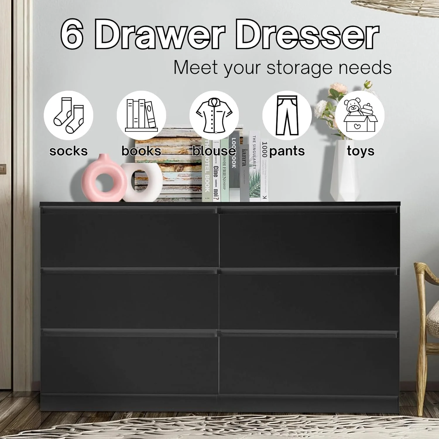 Ktaxon 6 Drawer Double Dresser Wood Dresser Storage Cabinet Drawer Organizer Chest Of Drawers, White - Image 31