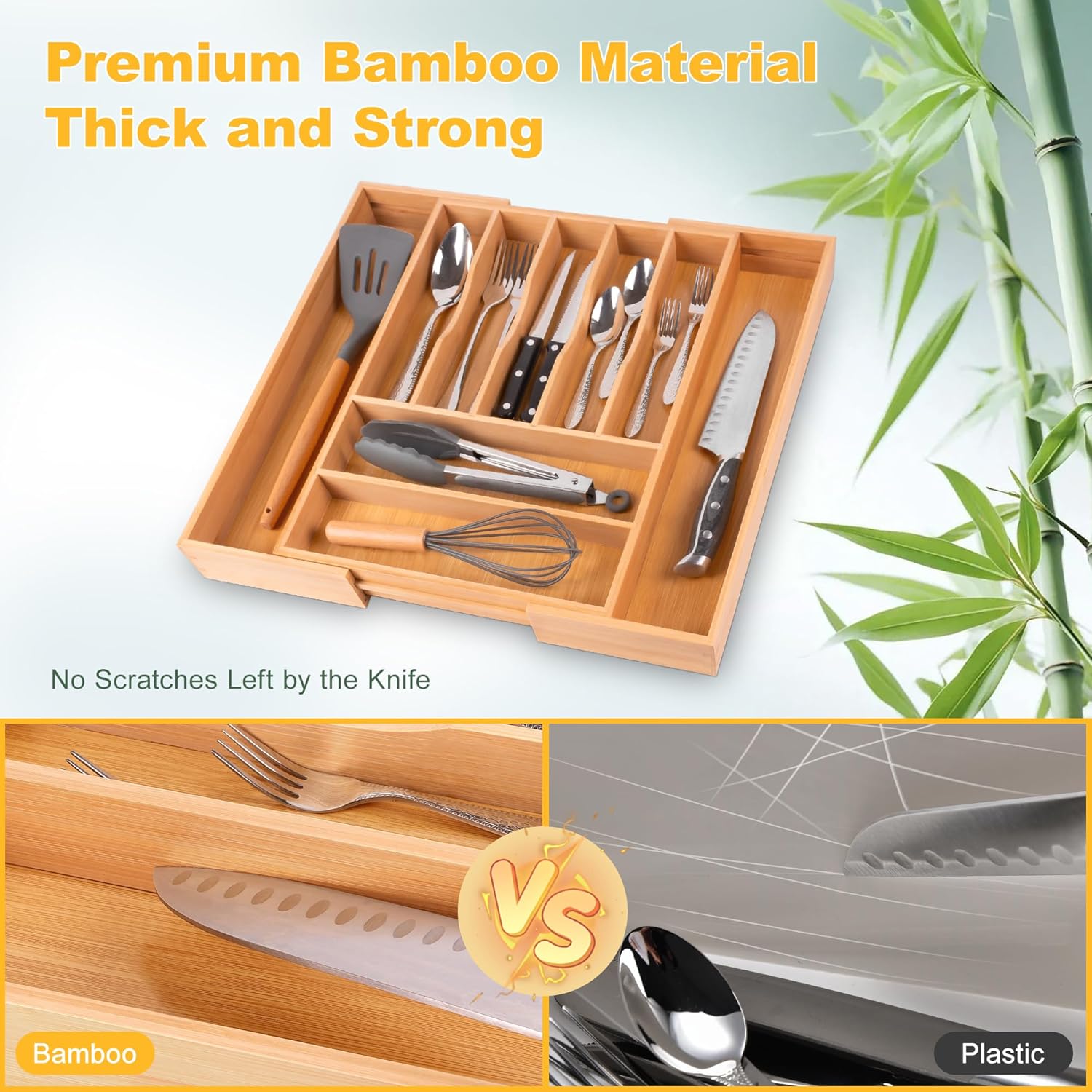 Large Premium Bamboo Silverware Organizer - Expandable Drawer Organizer & Utensil Organizer - 17