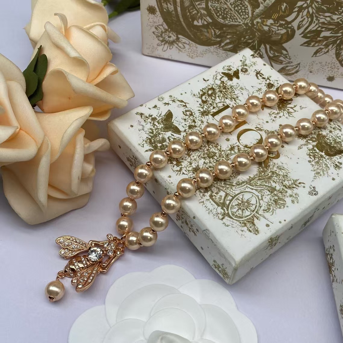 Dior Bee Pendant Rose Gold Pearl Necklace Bracelet - Original Replica Club