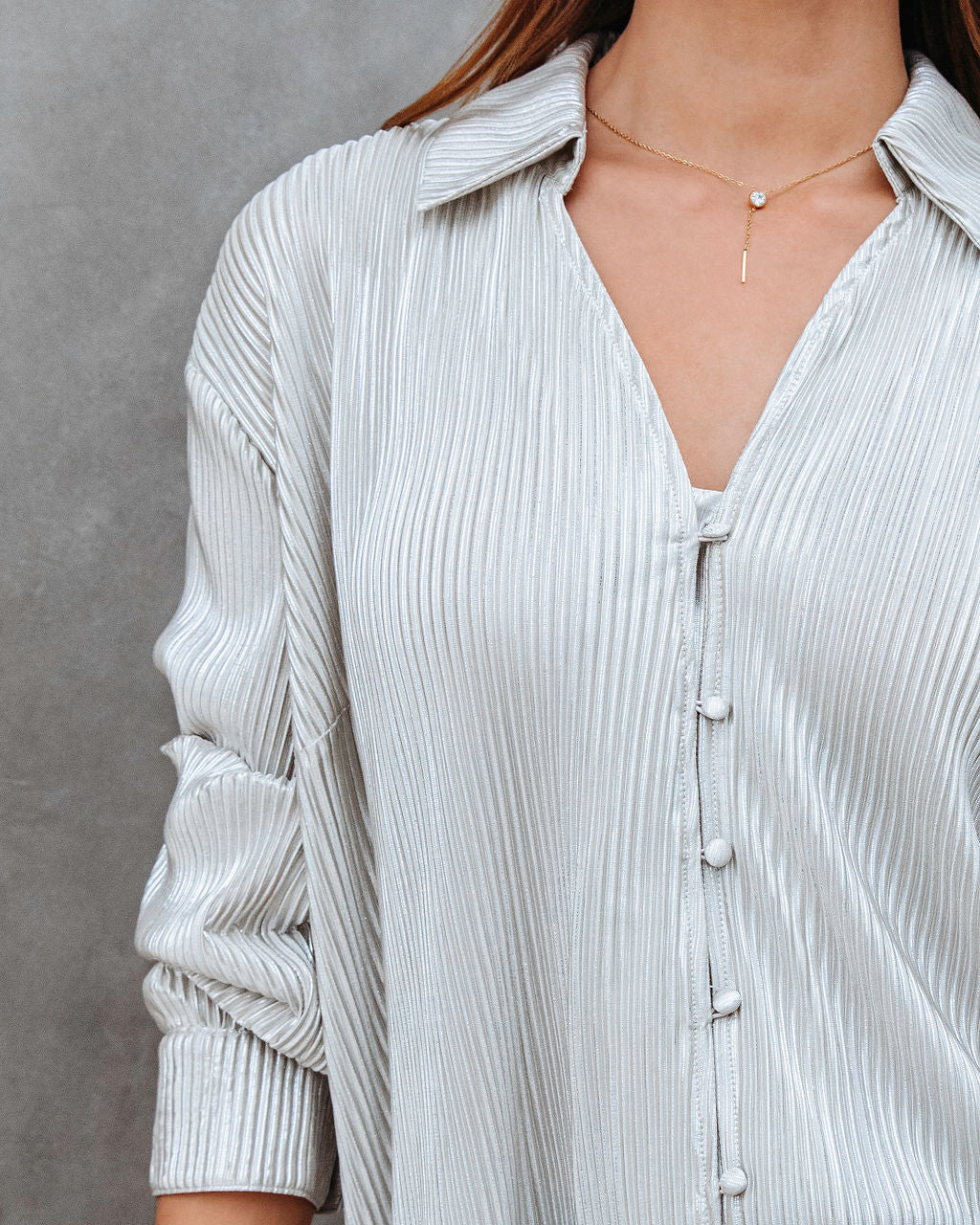 Center Piece Metallic Plisse Button Down Top - Silver - Se7enfashion
