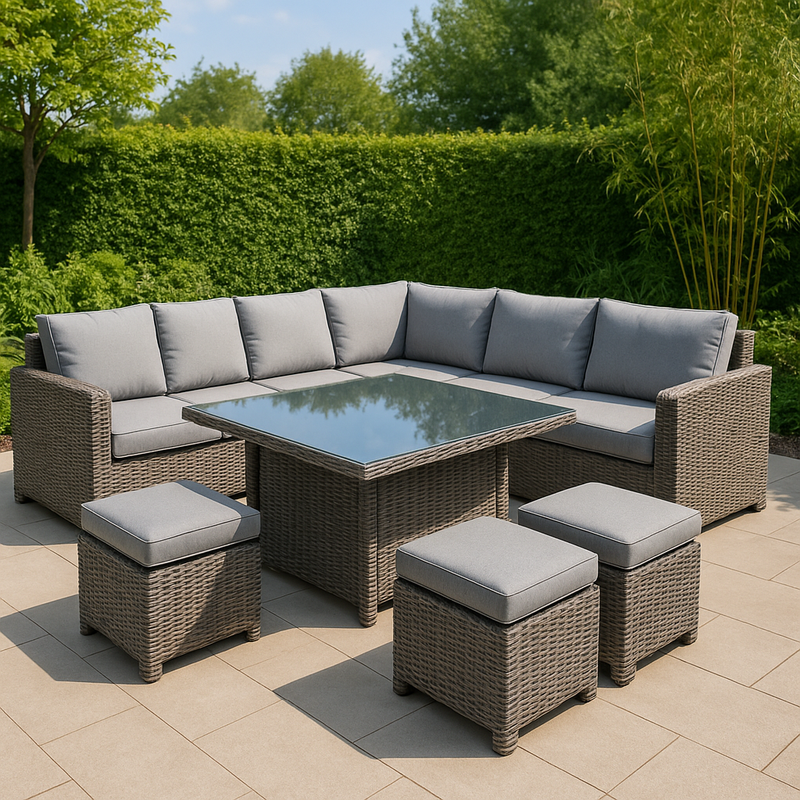 Conjunto de Sofá Esquinero Grande con Mesa de Vidrio Ratán Jardín Gris