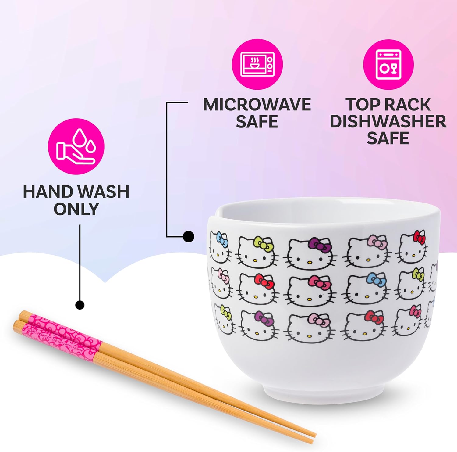 Silver Buffalo Sanrio Hello Kitty Face with Different Color Bows Pattern Ceramic Ramen Noodle Rice Bowl with Chopsticks, Microwave Safe, 20 Ounces