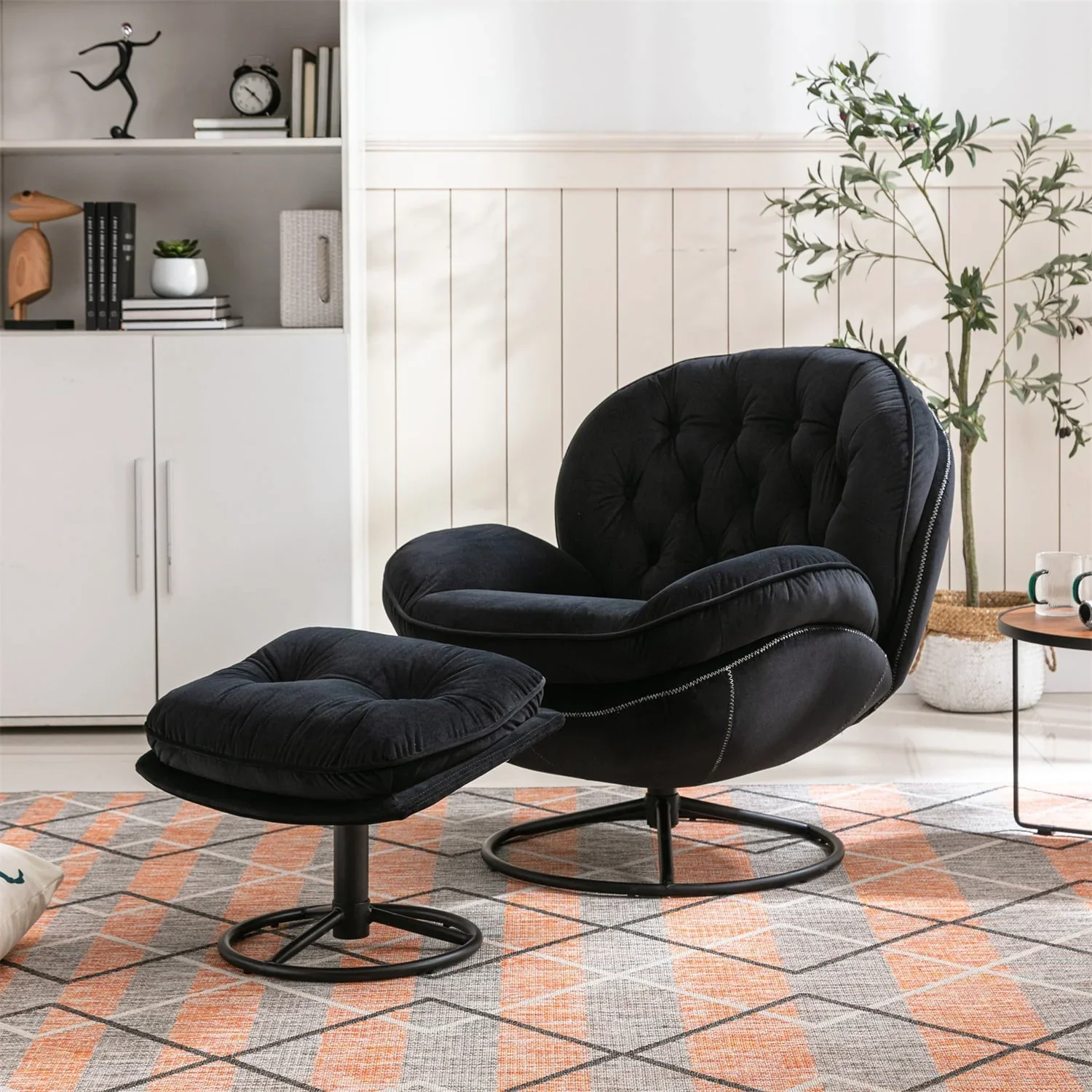 Velvet Swivel Accent Chair with Ottoman Set, Modern Lounge Chair with Footrest and Metal Base Comfy Armchair with 360 Degree Swiveling Single Sofa Chair Accent Chairs for Living Room, Green