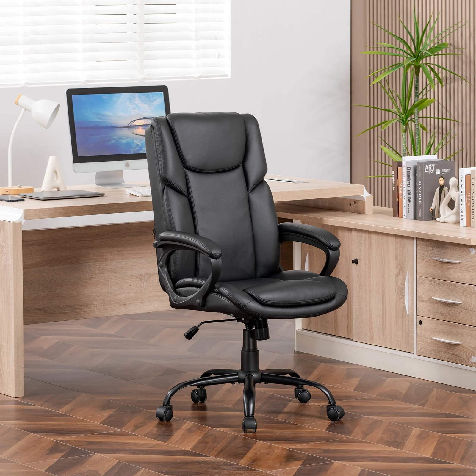 Mainstays Executive Ergonomic High Back Leather Home Office Desk Chair, Black - Image 2