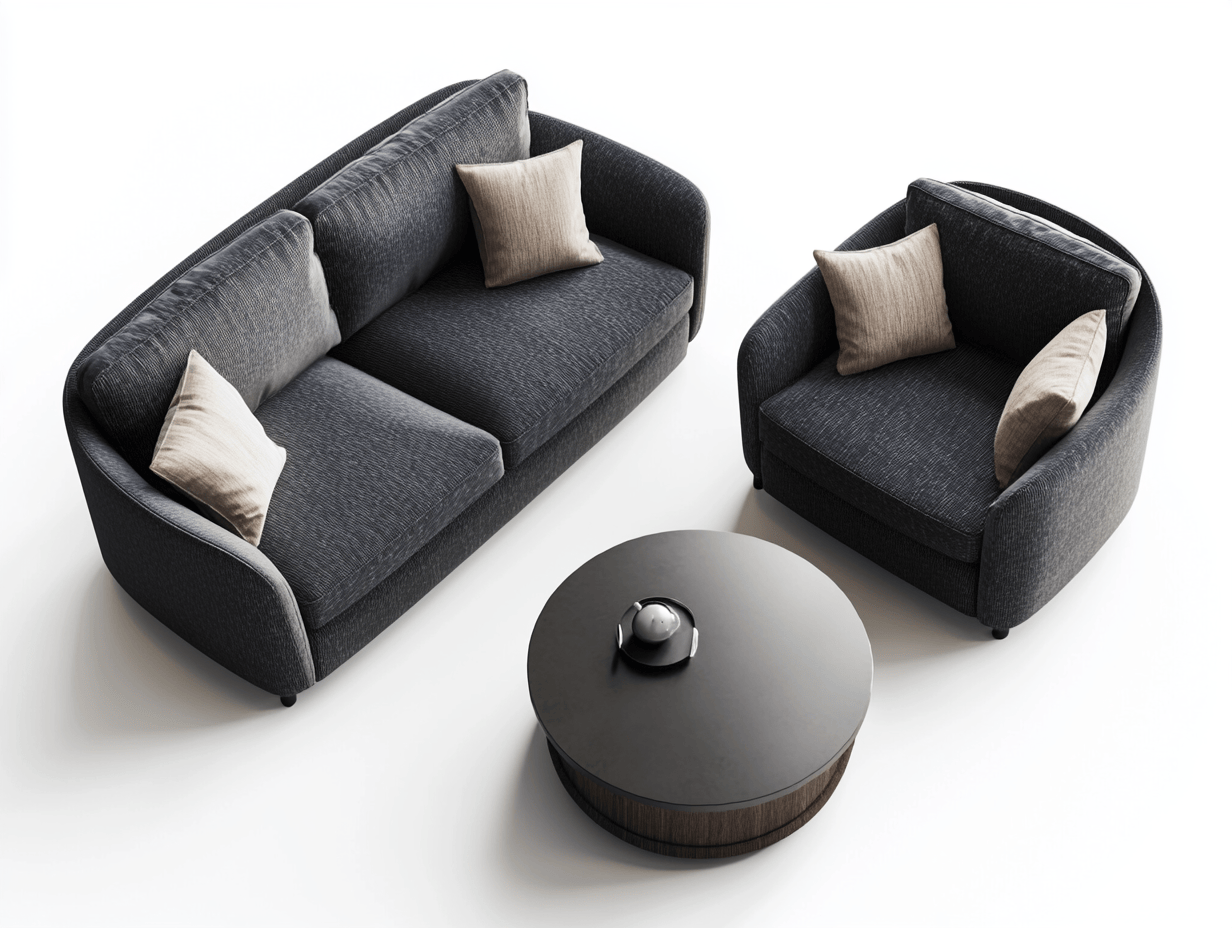 Conjunto de salón en tela oscura con sofá curvo de tres plazas sillón redondo y mesa de centro
