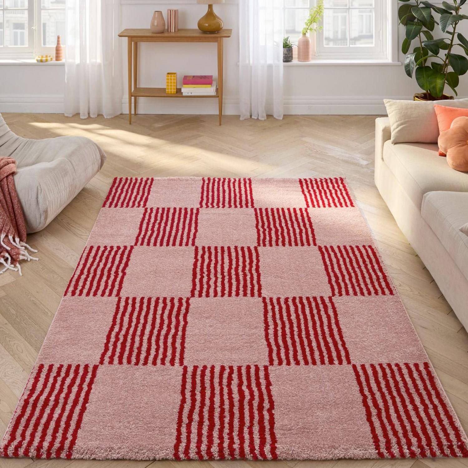 Fergew - Alfombra interior con motivo damero rojo y rosa