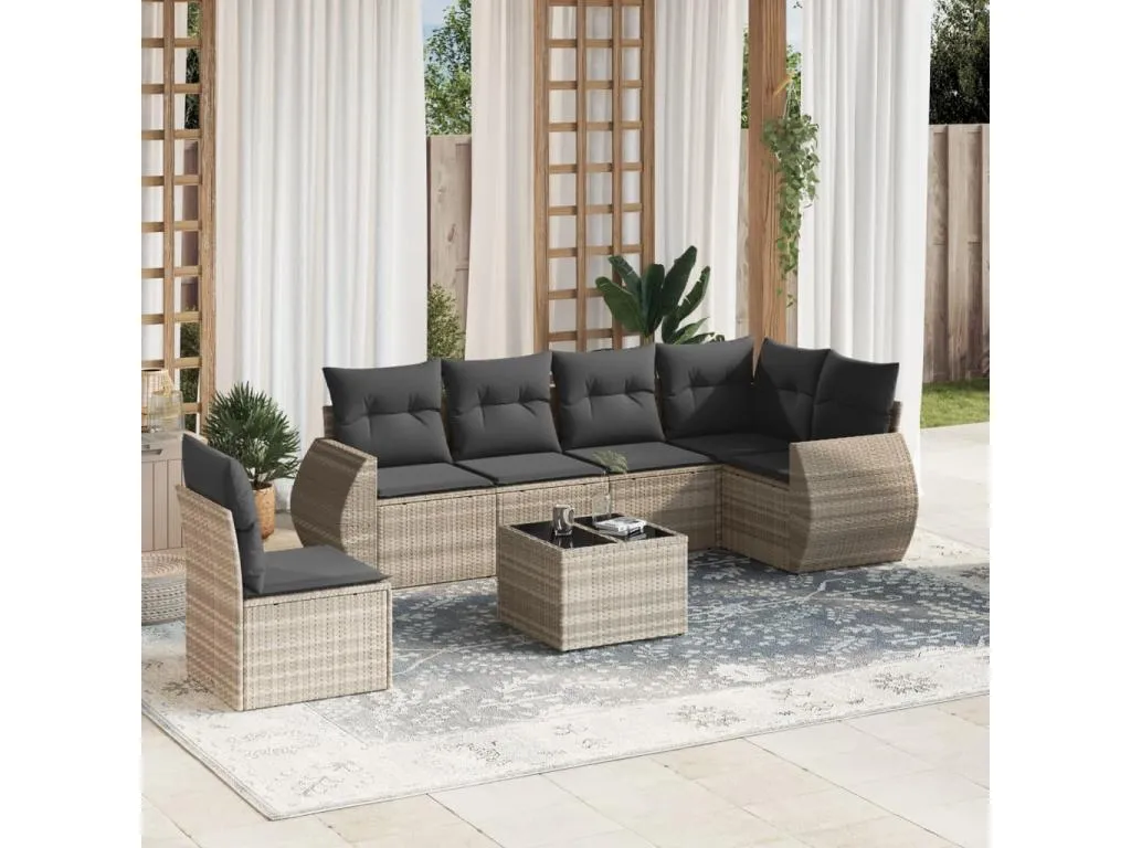 Set de sofás de jardín 7 pzas con cojines ratán PE gris claro