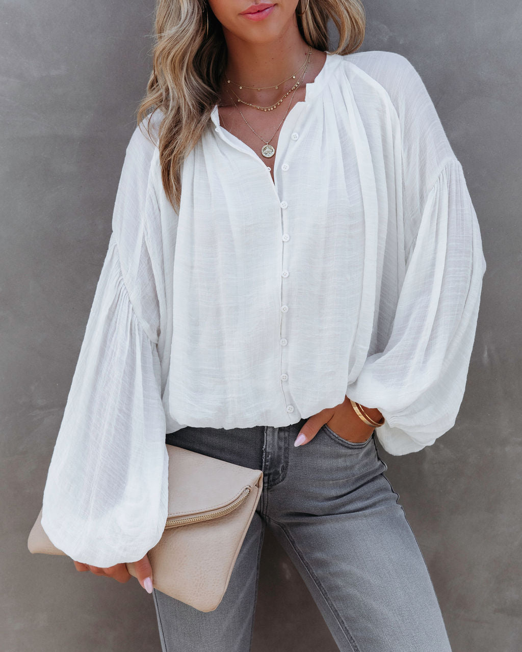 Bodhi Balloon Sleeve Button Up Top - White - Se7enfashion