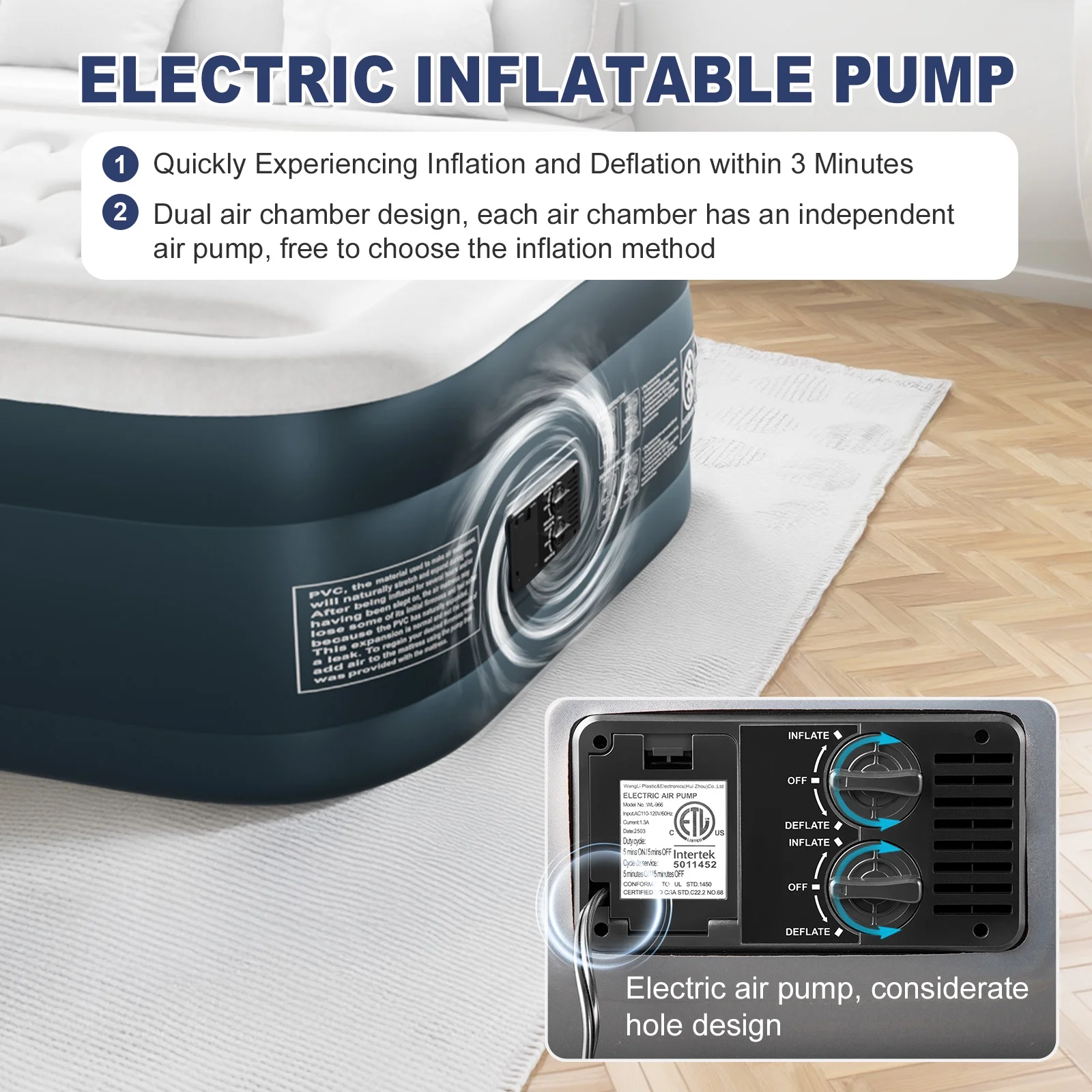 Zimtown 18" Twin Air Mattress with Two Chamber, Elevated Inflatable Bed with Built-in Pump, Protable Airbed for Outdoor Indoor Camping, Gray & White - Image 5