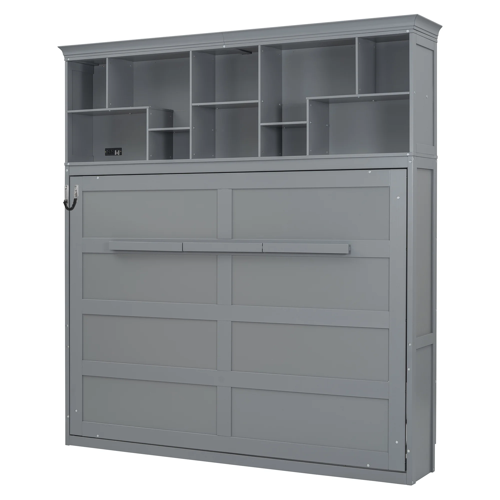 Queen Size Murphy Bed Wall Bed with Top Shelves & USB Charging, Space-Saving Cabinet Bed with Flexible Slats, Gray Modern Foldable Bed - Image 6