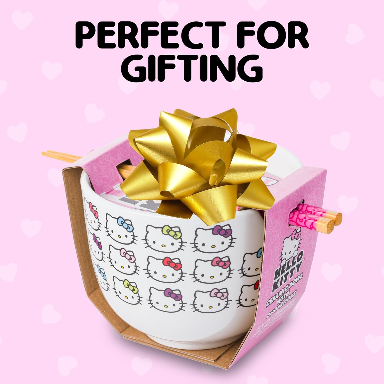Silver Buffalo Sanrio Hello Kitty Face with Different Color Bows Pattern Ceramic Ramen Noodle Rice Bowl with Chopsticks, Microwave Safe, 20 Ounces