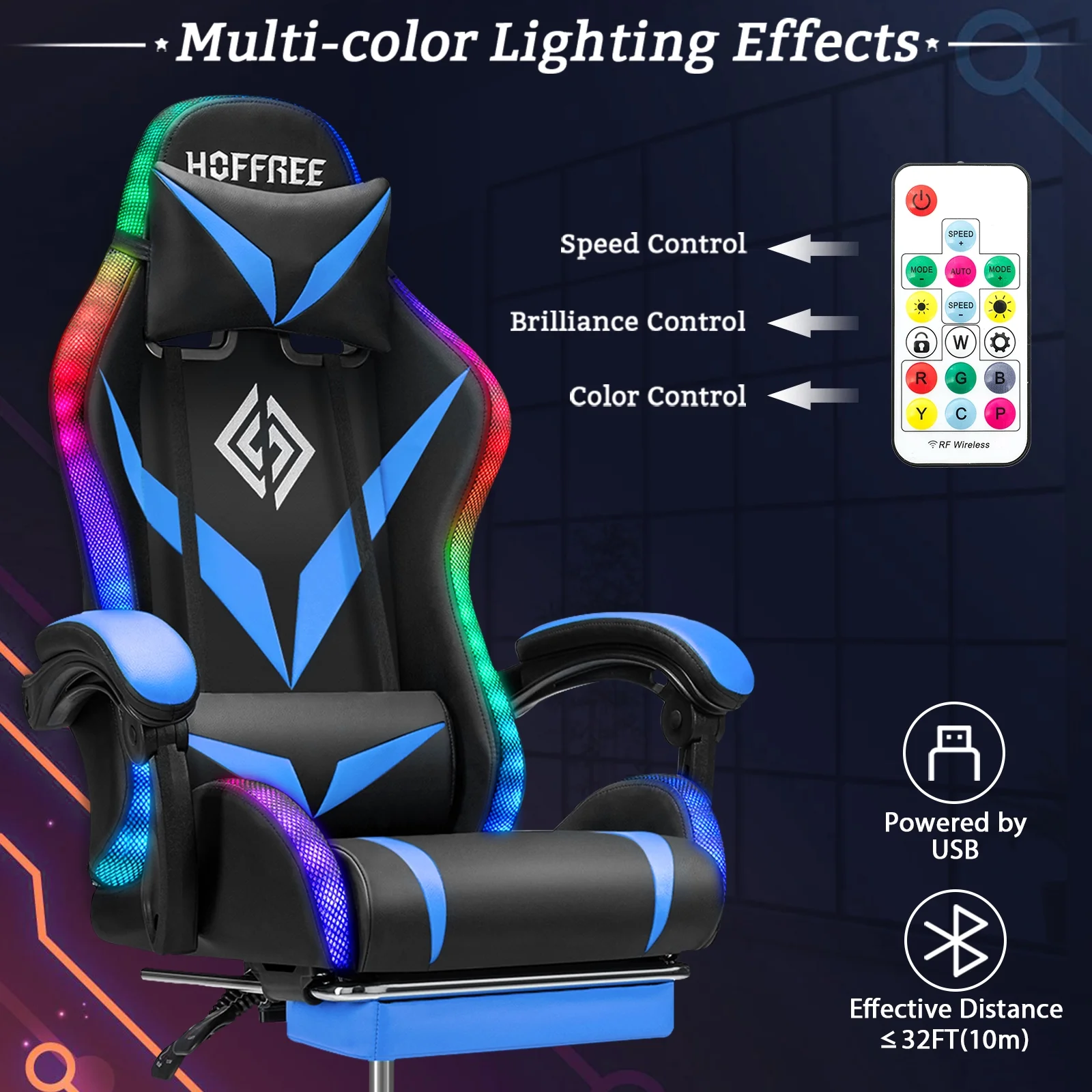 Hoffree Gaming Chair with Speakers PU Leather Office Chair with Footrest and LED Lights Ergonomic Gamer Chair with Massage Lumbar Support and Headrest Adjustable Swivel for Home Office 300lb - Image 10