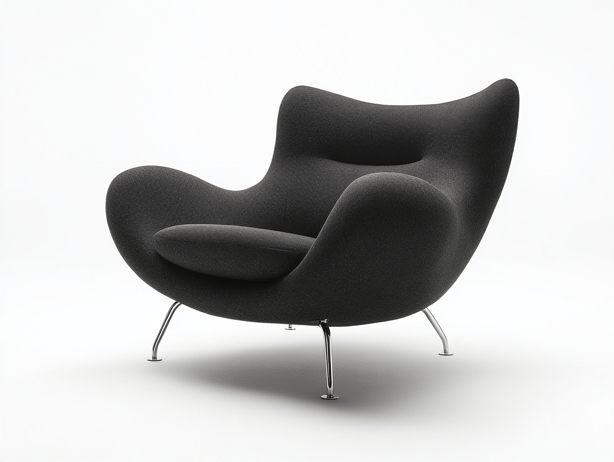 Sillón tapizado negro – diseño curvo ergonómico – patas metálicas cromadas – estilo moderno