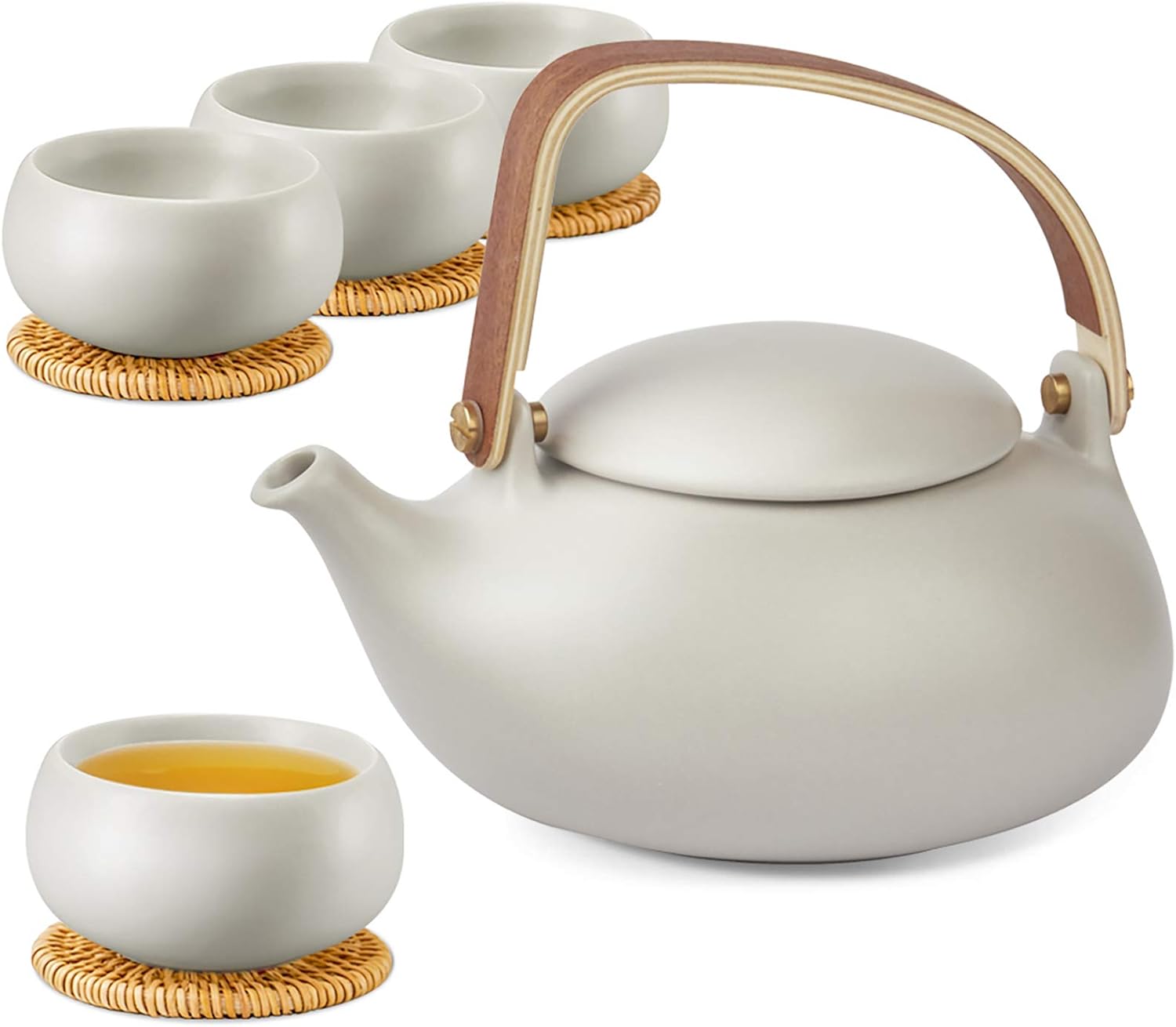 ZENS Modern Japanese Tea Set, 27 oz Ceramic Japanese Teapot with Fine Stainers and 4 Cups for Loose Leaf Tea Steeper, Wood Handle Matte Japanese Teapots Hot Tea Brewer for Tea Party Women Gifts