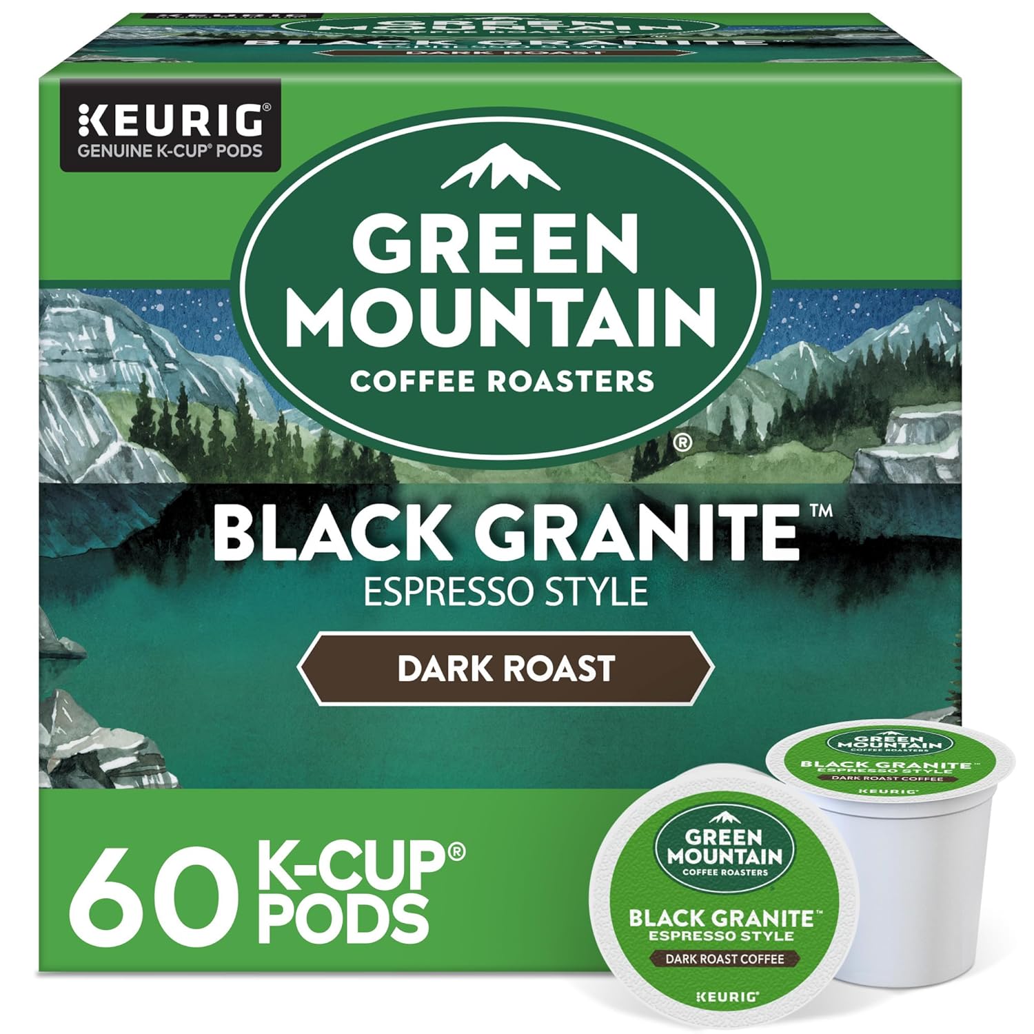 Green Mountain Coffee Roasters Black Granite. Keurig Single Serve K-Cup Pods. Espresso Style Dark Roast. 60 Count (6 Packs of 10)