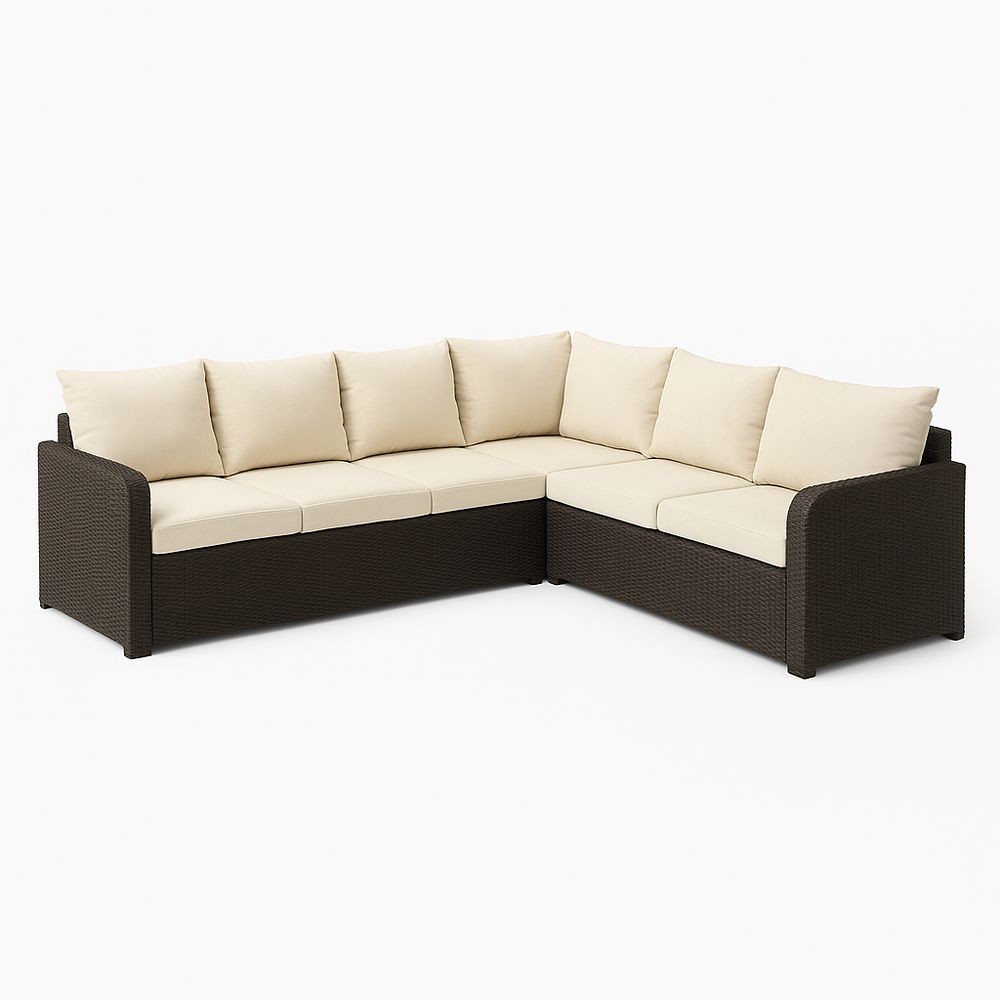 Sofá Esquinero de Exterior, Resistentes a la Intemperie, Estilo Moderno, Ratan Sintético con Cojines Béige, Ideal para Jardines y Terrazas