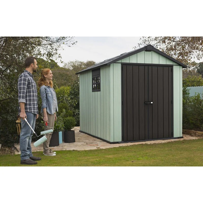 Oakland 7 x 7 FT Rustic Worn Wooden Texture Storage Shed with High Ceiling And Victorian Window
