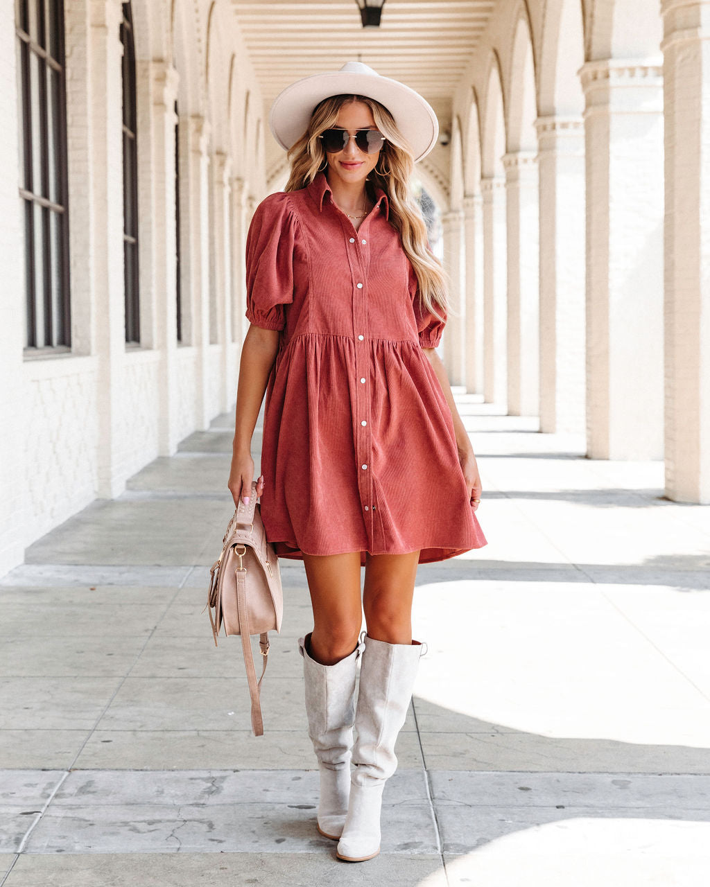 Owen Corduroy Puff Sleeve Babydoll Dress - Clay - Se7enfashion