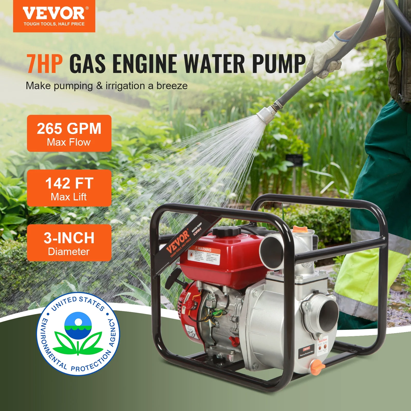 VEVOR Gasoline Engine Water Pump,3-inch, 7HP 265 GPM, 142ft Lift, 22ft Suction,4-Stroke Gas Powered Trash Water Transfer Pump Portable High Pressure with 25ft Hose for Irrigation Pool, EPA Certified - Image 2